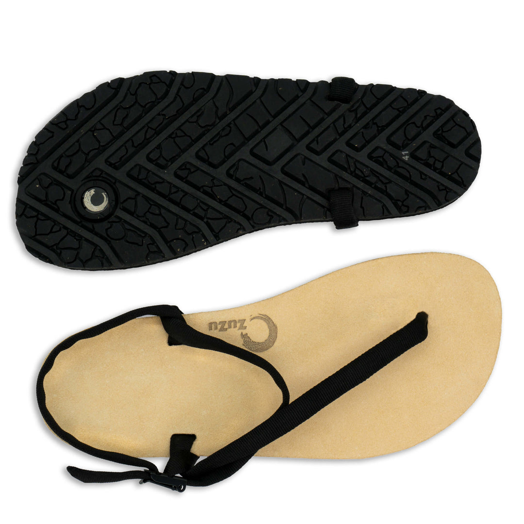 ZuZu_Dune_barefoot_sandals_with_a_premium_water-repellent_leather_footbed_replaceable_recycled_Black_straps_for_all-terrain_barefoot_performance-Top_view